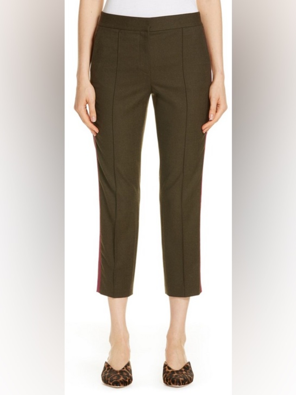 Nordstrom Signature Army Green Wool Pants w/ Burgundy Side Stripe Size 12